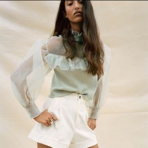 🆕ZARA | Organza Knit Top Sea Foam Green Ruffle Sheer Sweater Top Size Large